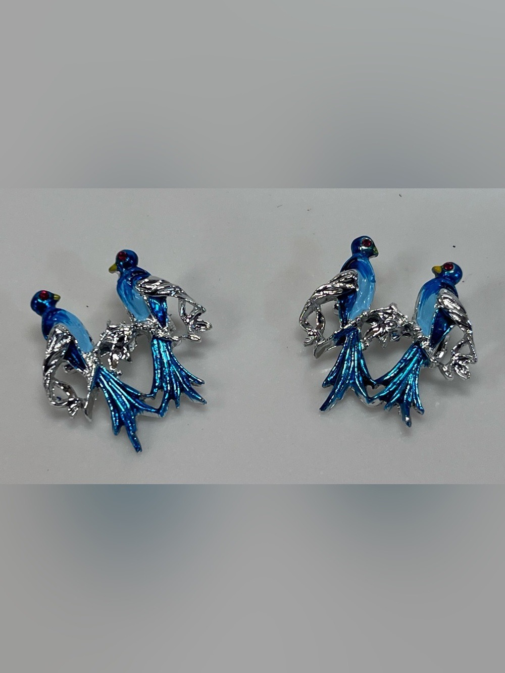 Vintage Costume Jewelry Pair Of Blue Enameled Love Birds Twin Pins Brooches